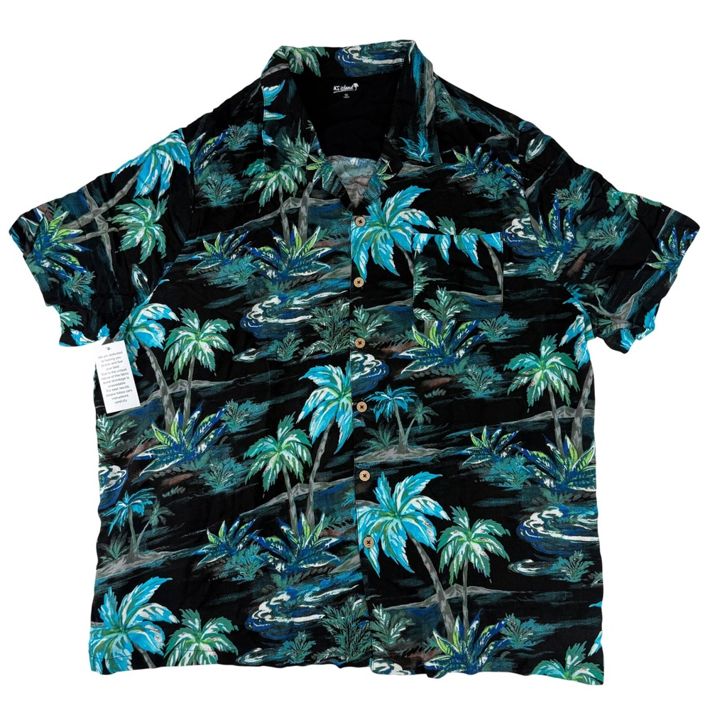 KS Island Button Up Shirt Mens 4XL Black Blue Palm Tree Tropical Rayon Hawaiian